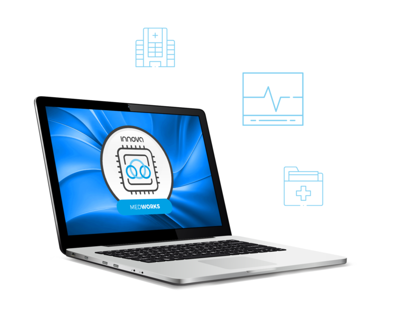 Imagen de laptop corriendo Medworks (icono) de Innova con iconos que muestran administracion sanitaria
