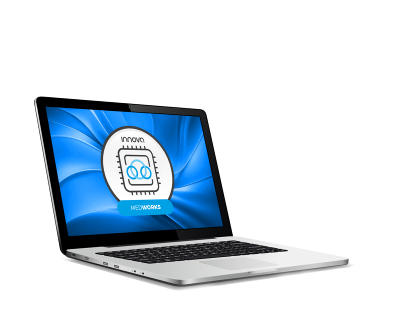 Imagen de una laptop corriendo la plataforma Medworks (icono) de Innova