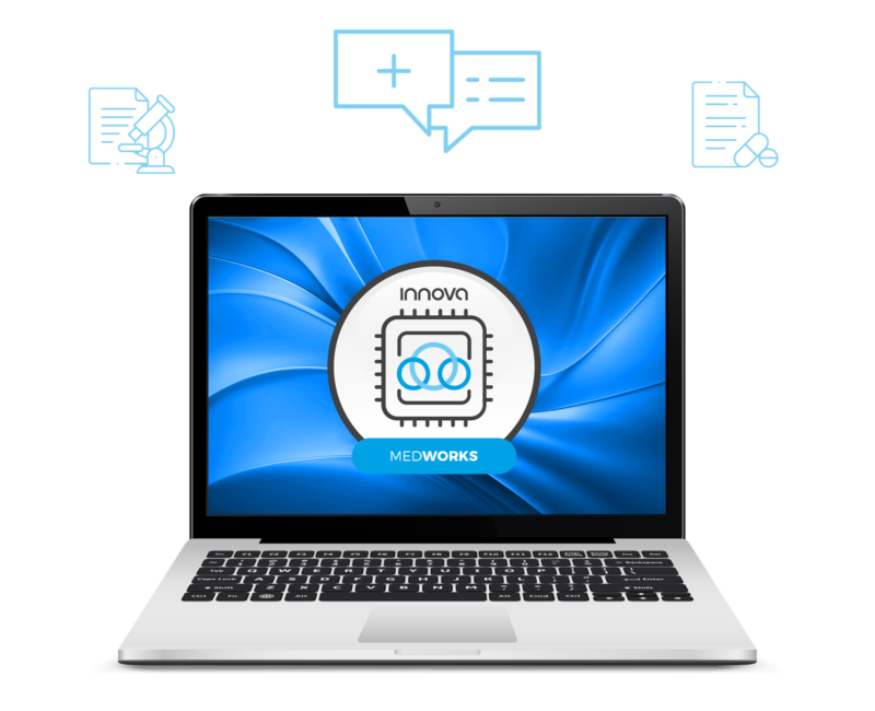 Imagen de laptop corriendo Medworks (icono) de Innova con iconos que muestran comunicacion con paciente
