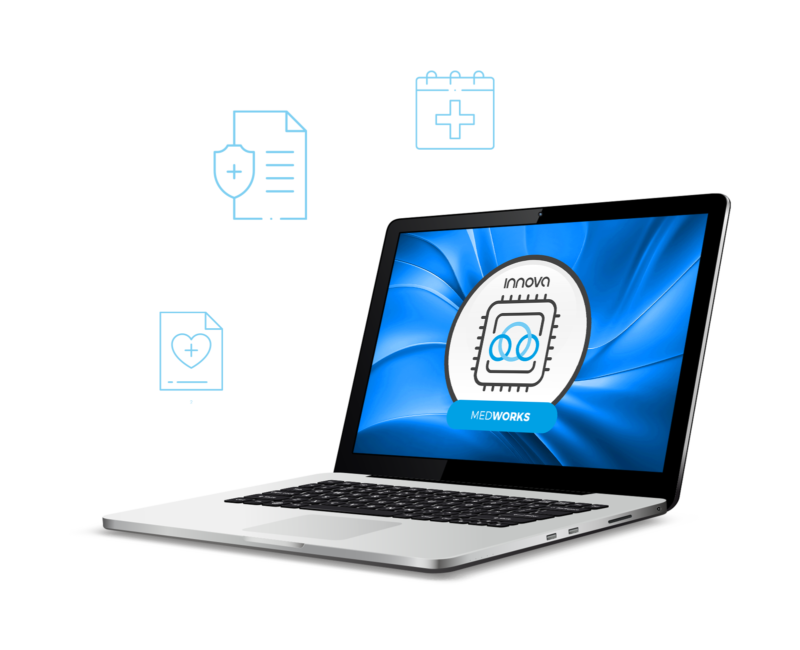 Imagen de laptop corriendo Medworks (icono) de Innova con iconos que muestran expediente de paciente