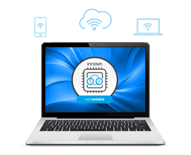 Imagen de laptop corriendo Medworks (icono) de Innova con iconos que muestran acceso universal